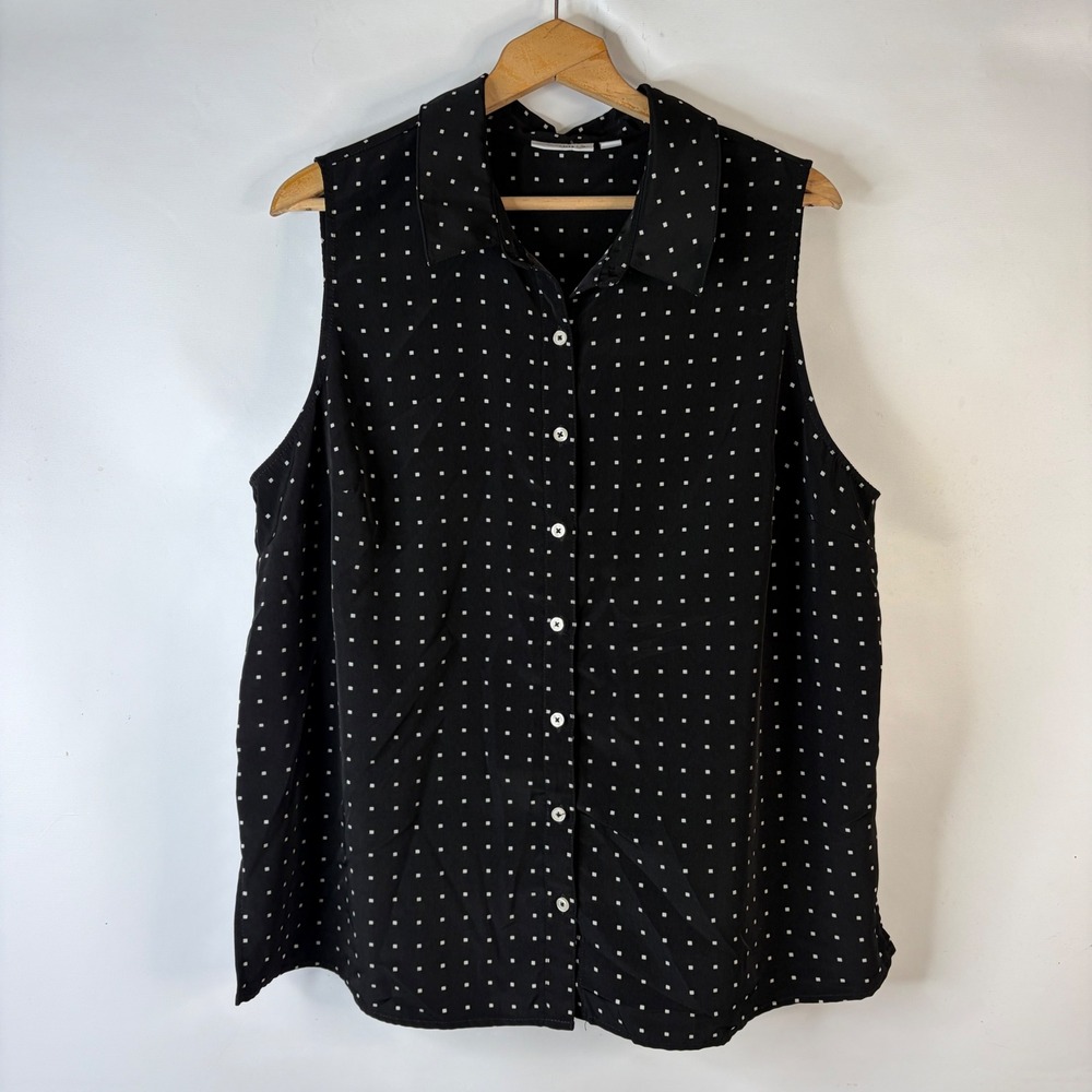 Susan Graver Sleeveless Button Down Women 20W Black White Geometric Square Print